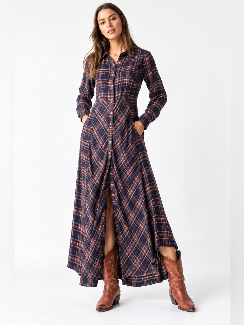 Natural Life Maxi Dress Plaid Western Boho Button Shirt Long Sleeve XL Blue Gold